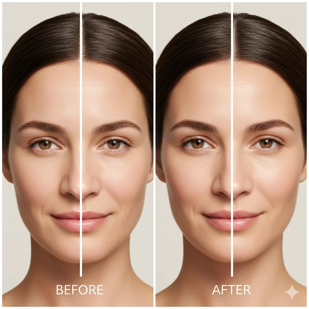 نتایج قبل و بعد از استفاده کرم ضدچروک کلینیک روی پوست خانم بالغ – کاهش خطوط ریز و روشن‌تر شدن پوست