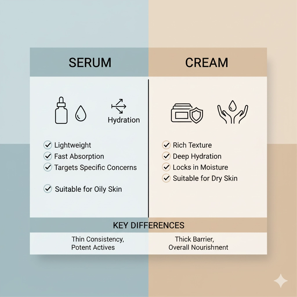 «اینفوگرافیک تخصصی مقایسه سرم و کرم شامل ویژگی‌ها، کاربرد و تفاوت عملکرد برای کمک به انتخاب اینکه کرم یا سرم برای پوست بهتر است»