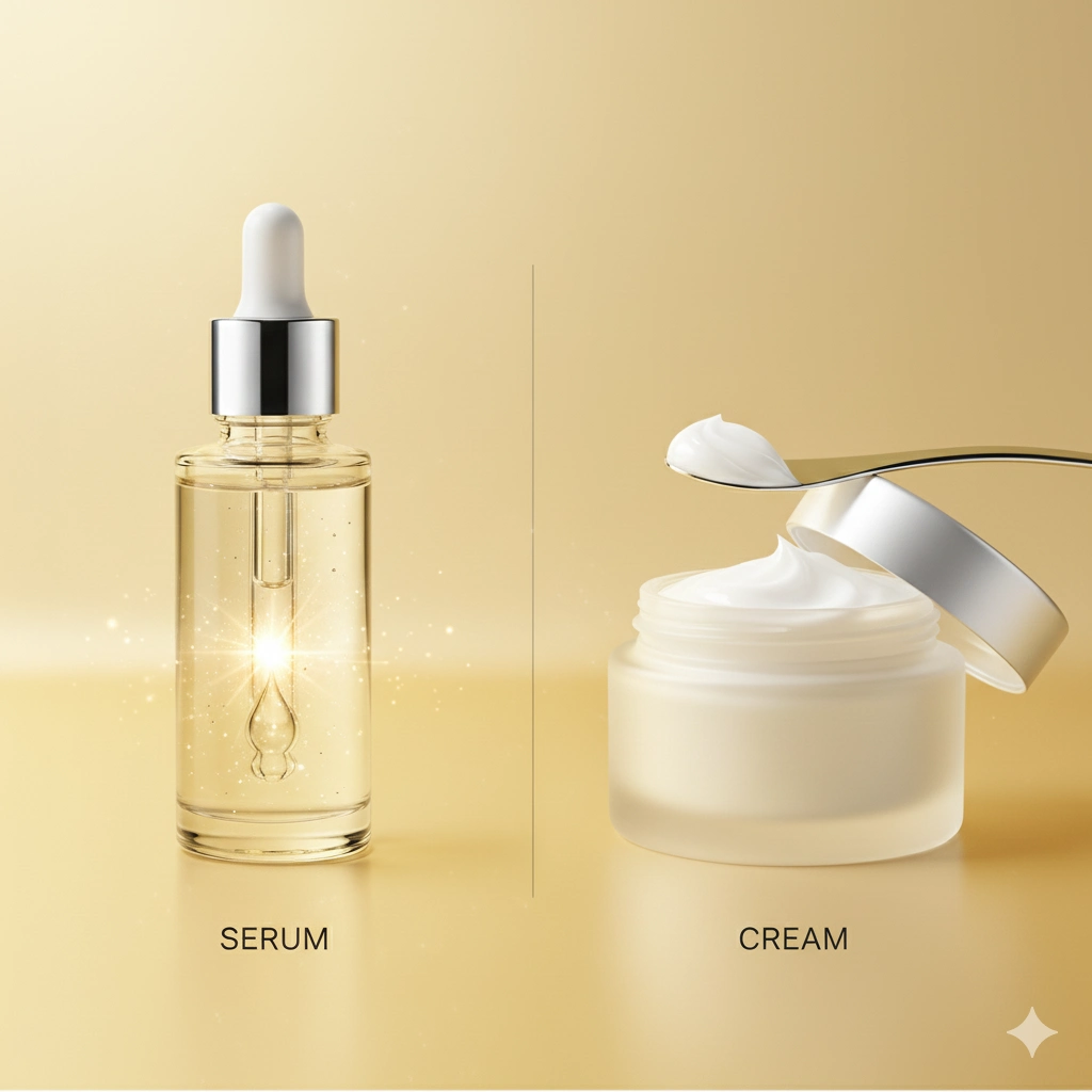 «مقایسه سرم و کرم پوست در یک تصویر مینیمال؛ نمایش بطری سرم شفاف در کنار یک کرم غلیظ برای پاسخ به سؤال کرم یا سرم؟ کدام برای پوست بهتر است؟»